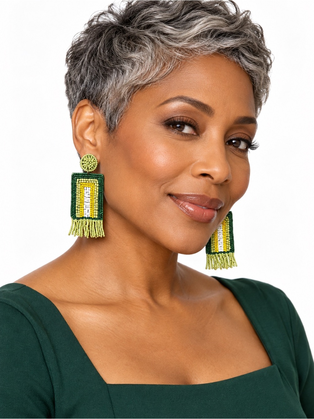 Kay Lee New York Green Beaded Geometric Fringe Earrings